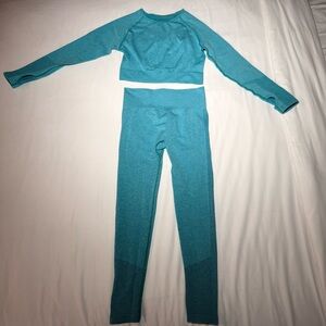 Women's Teal Long Sleeve Crop Top and Leggings Set